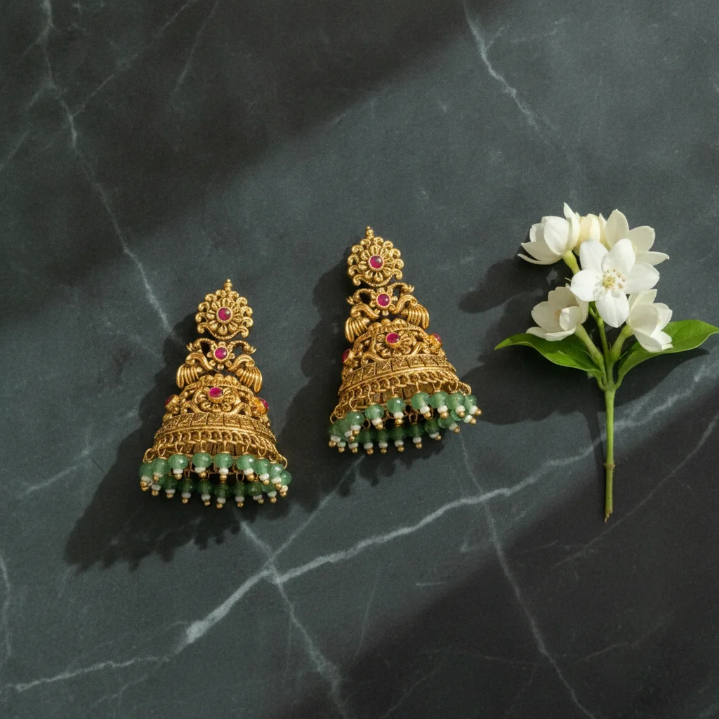 Traditional Antique Gold Ruby & Emerald Jhumkas