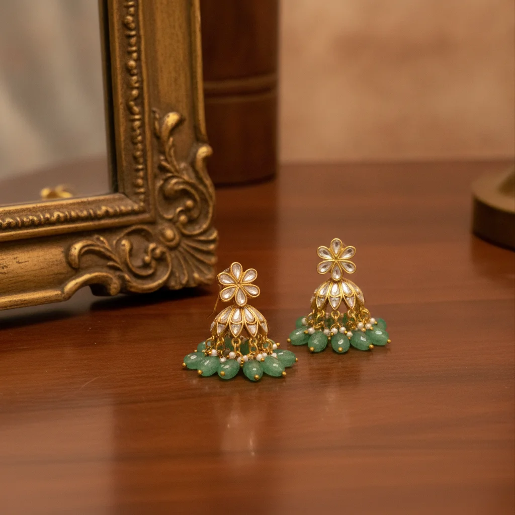Emerald Bloom Kundan Jhumkas