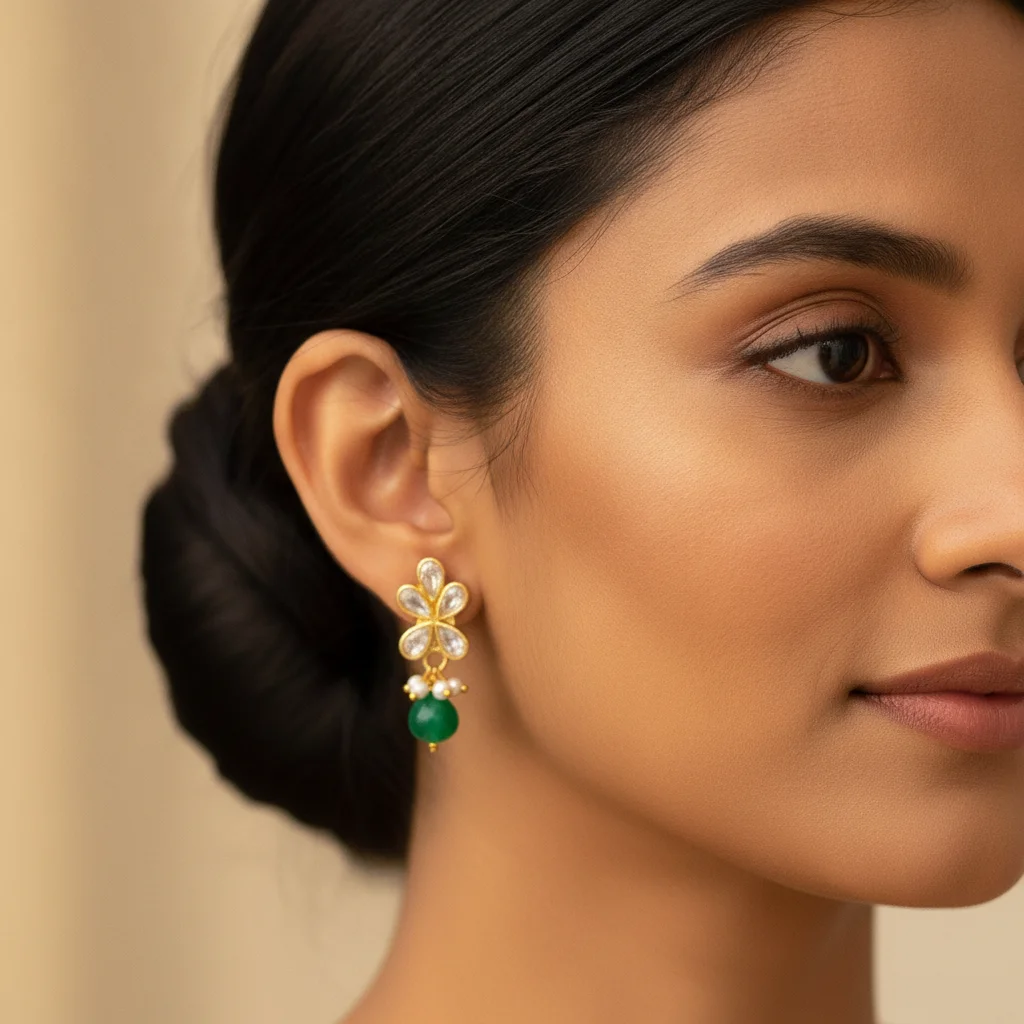 ER-217 Floral Kundan Earrings with Emerald Green Drops