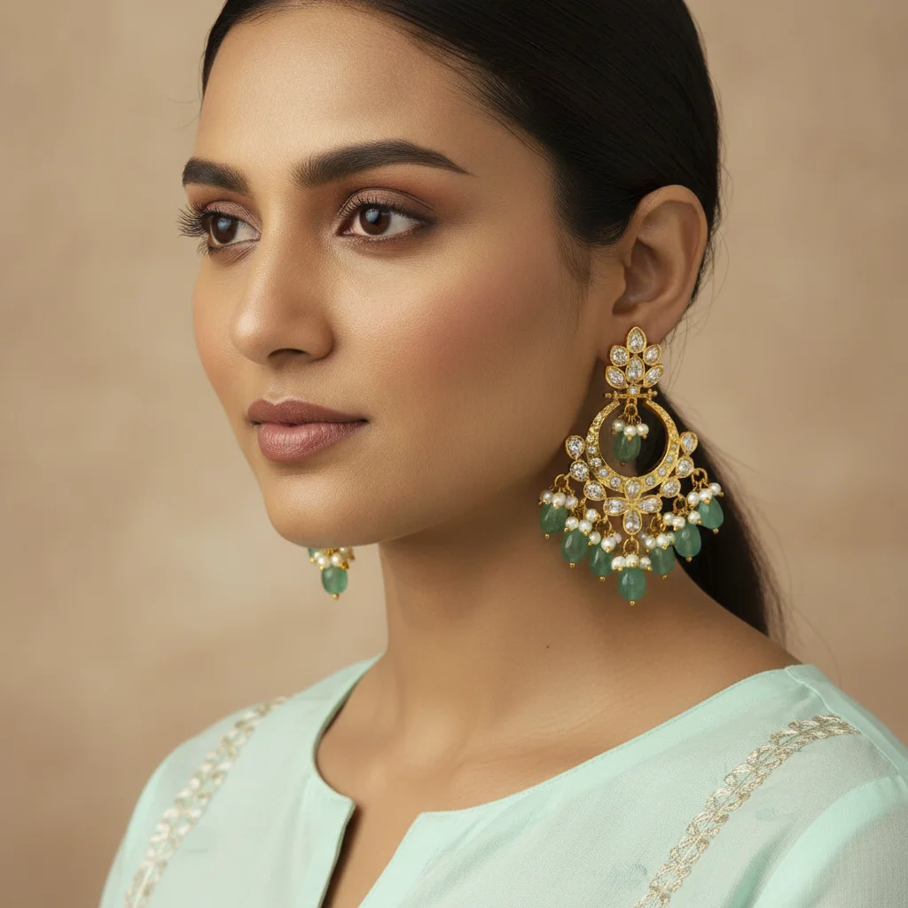 Mint Green Kundan Chandbali Earrings