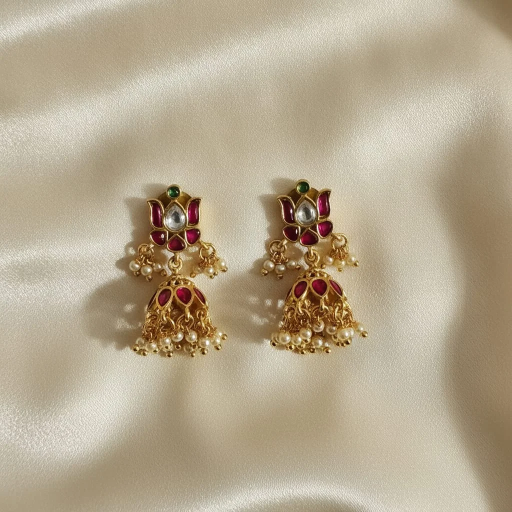 Lotus Blossom Magenta Kundan Jhumkas