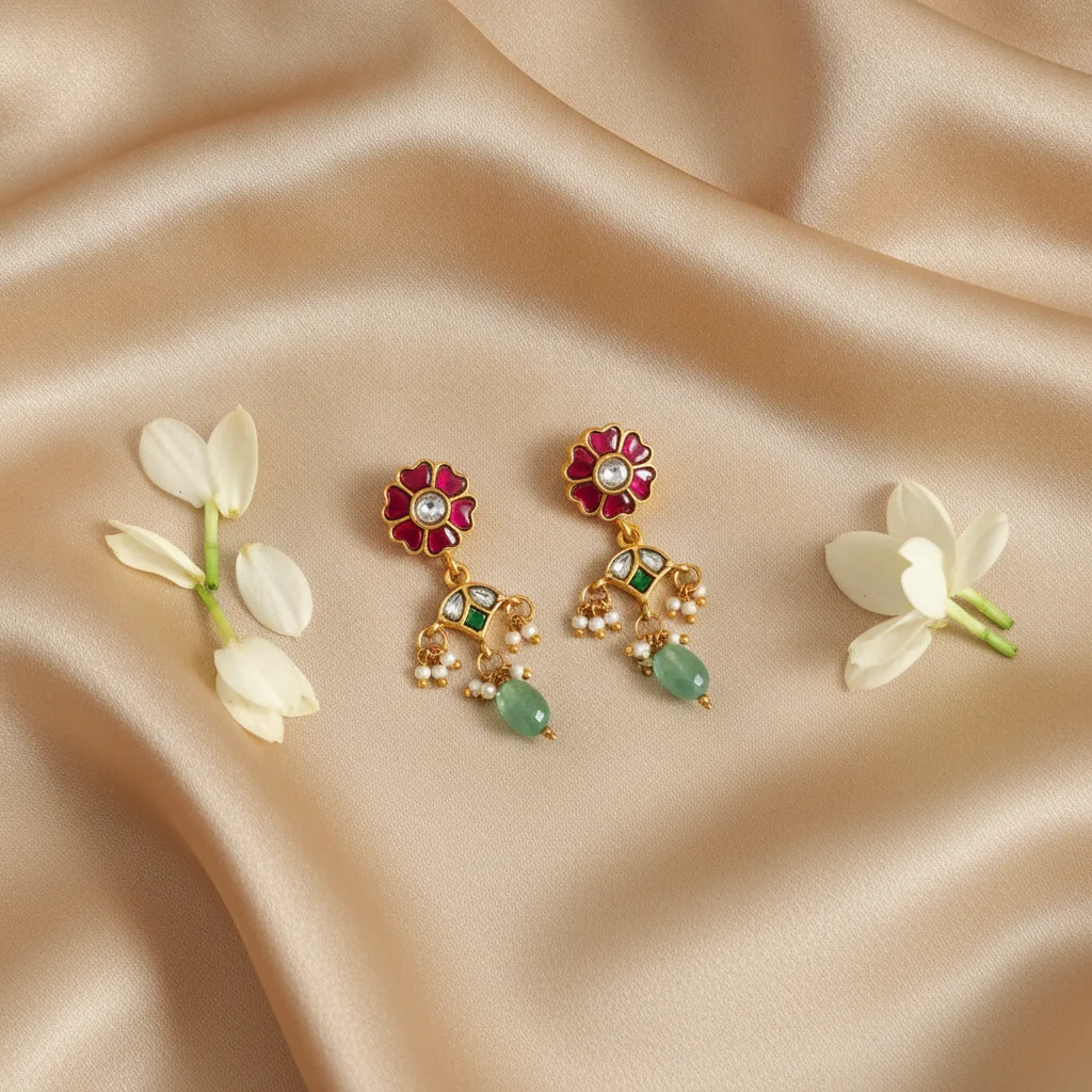 Ruby Bloom & Mint Drop Kundan Earrings