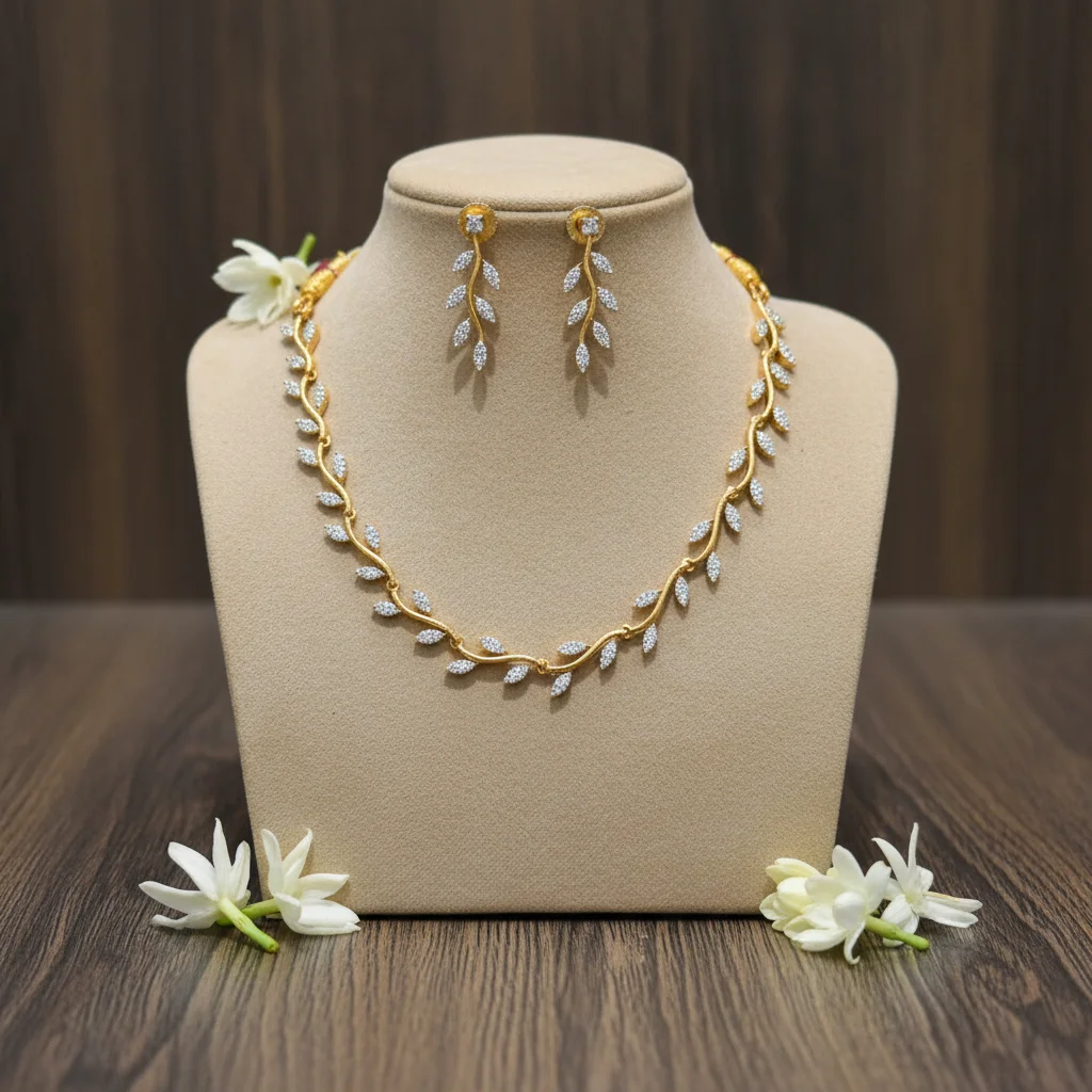 Gold Vine Leaf Diamond Necklace Set