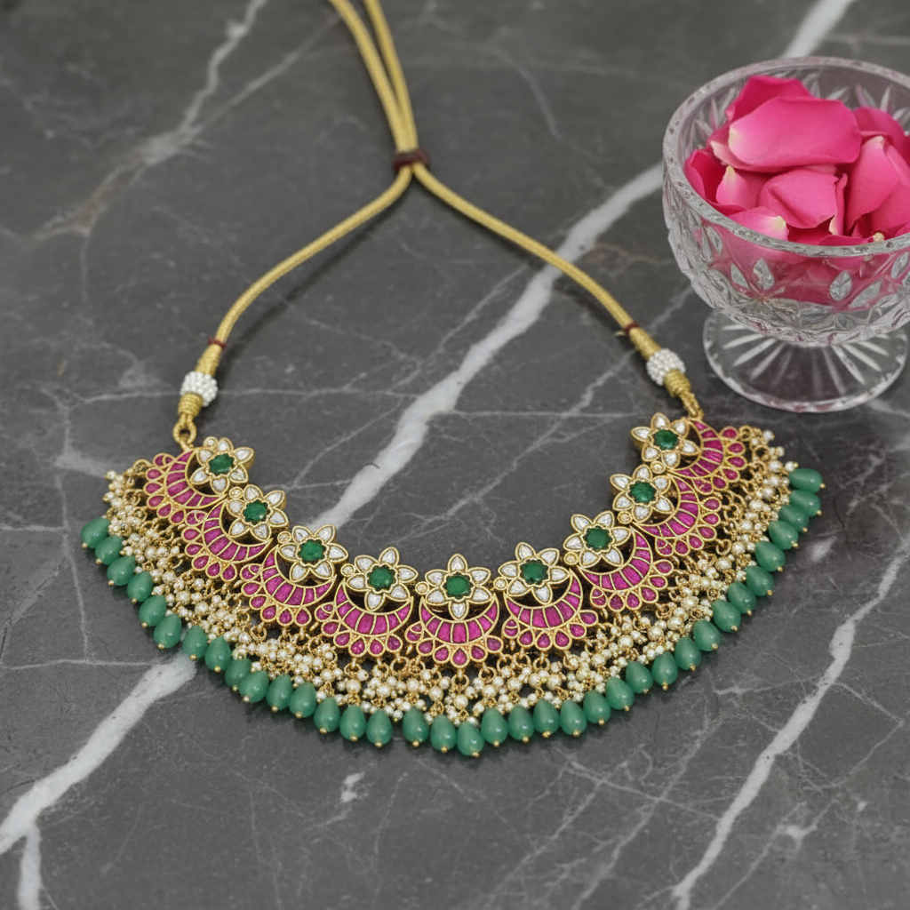Vibrant Gardenia Emerald & Ruby Choker - View 4