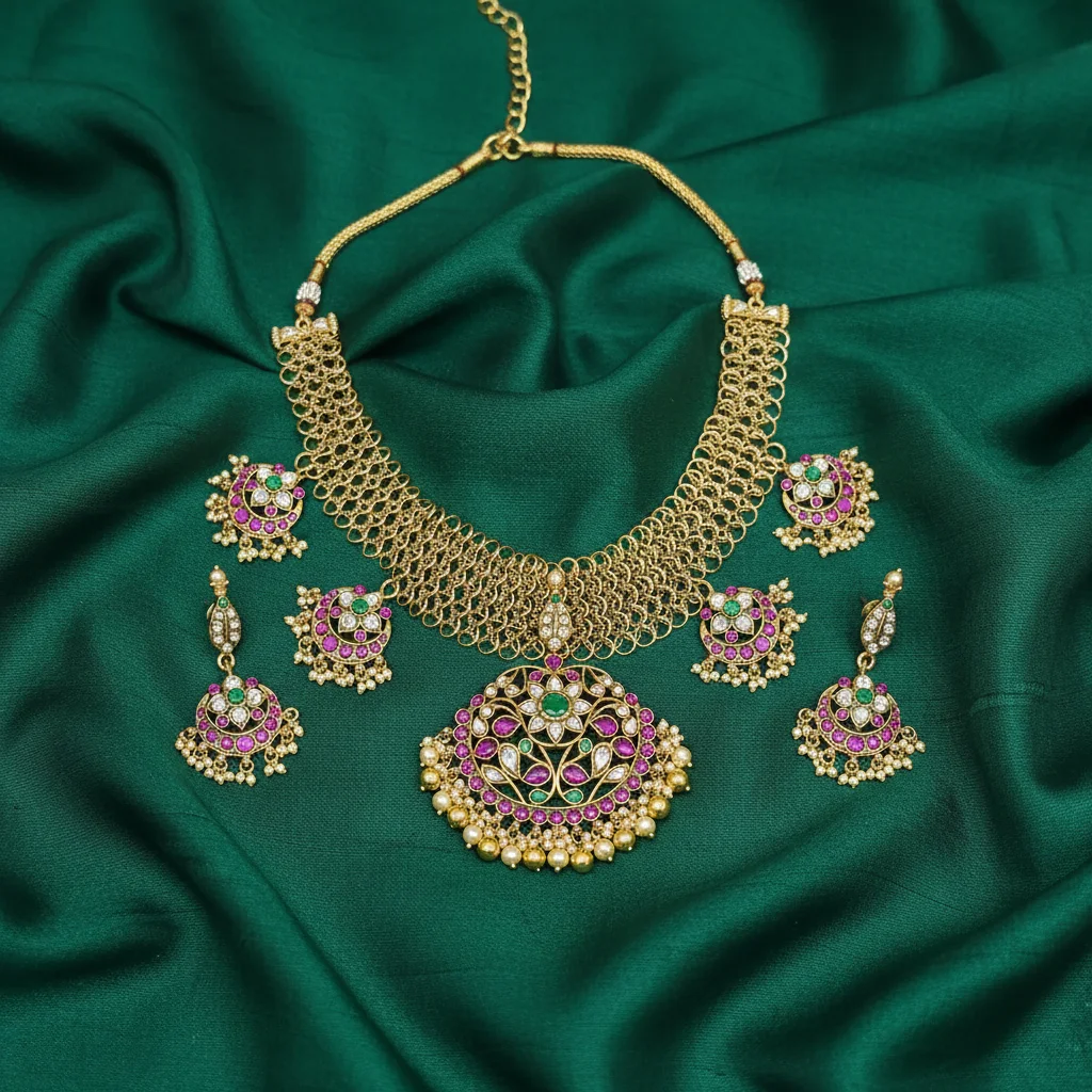 Maharani Intricate Mesh Floral Choker Set - View 4