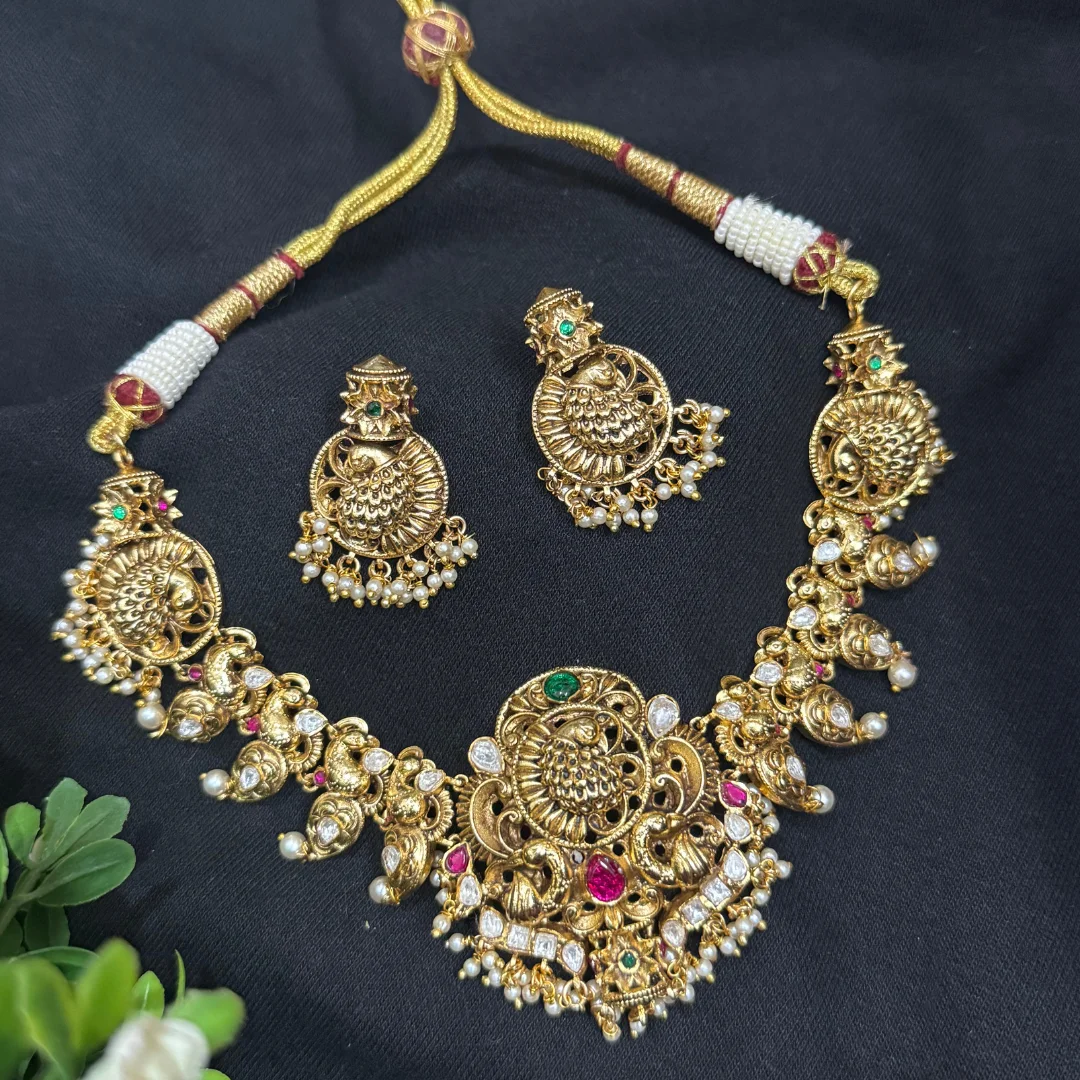 Ethereal Peacock Temple Necklace Set - View 5