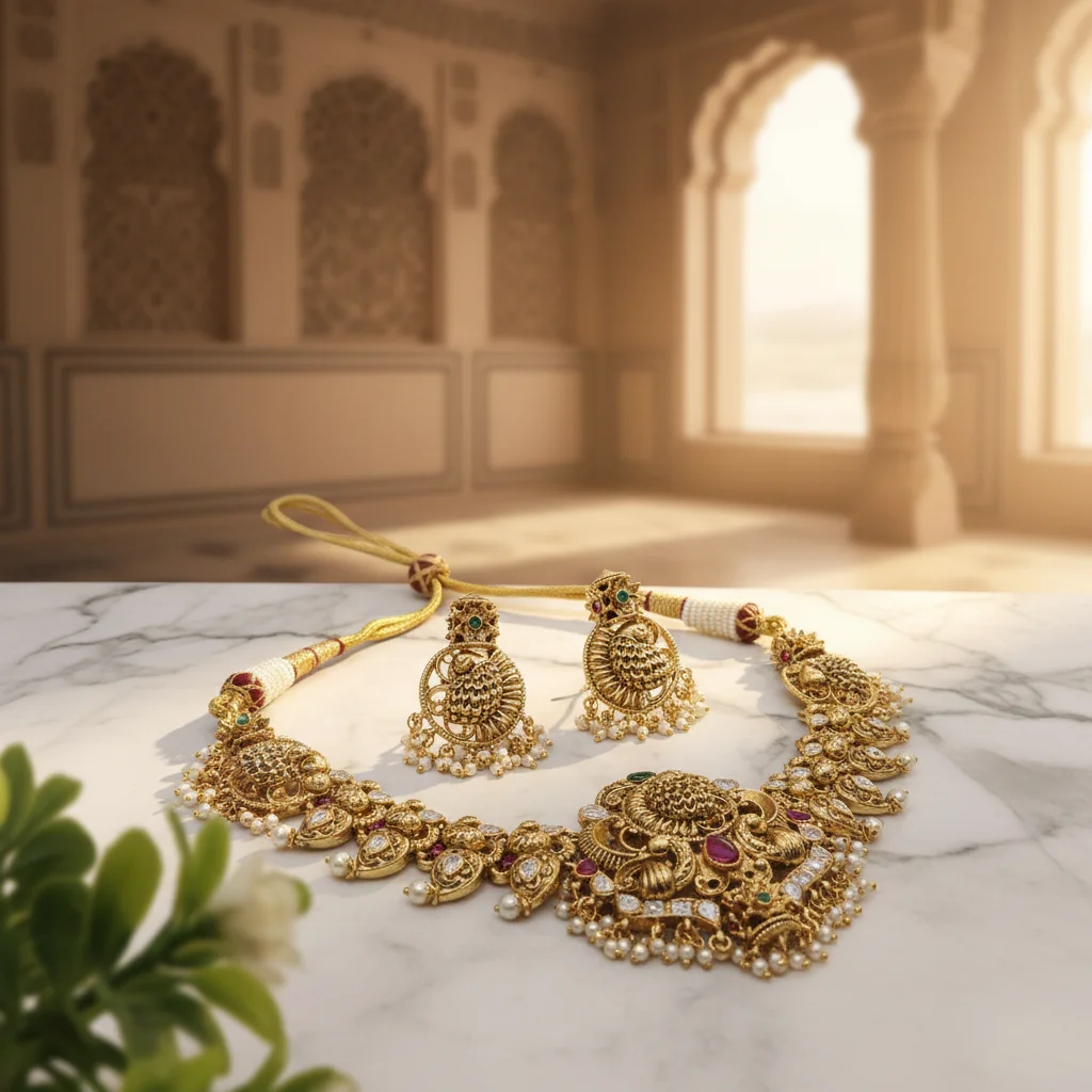 Ethereal Peacock Temple Necklace Set - View 2