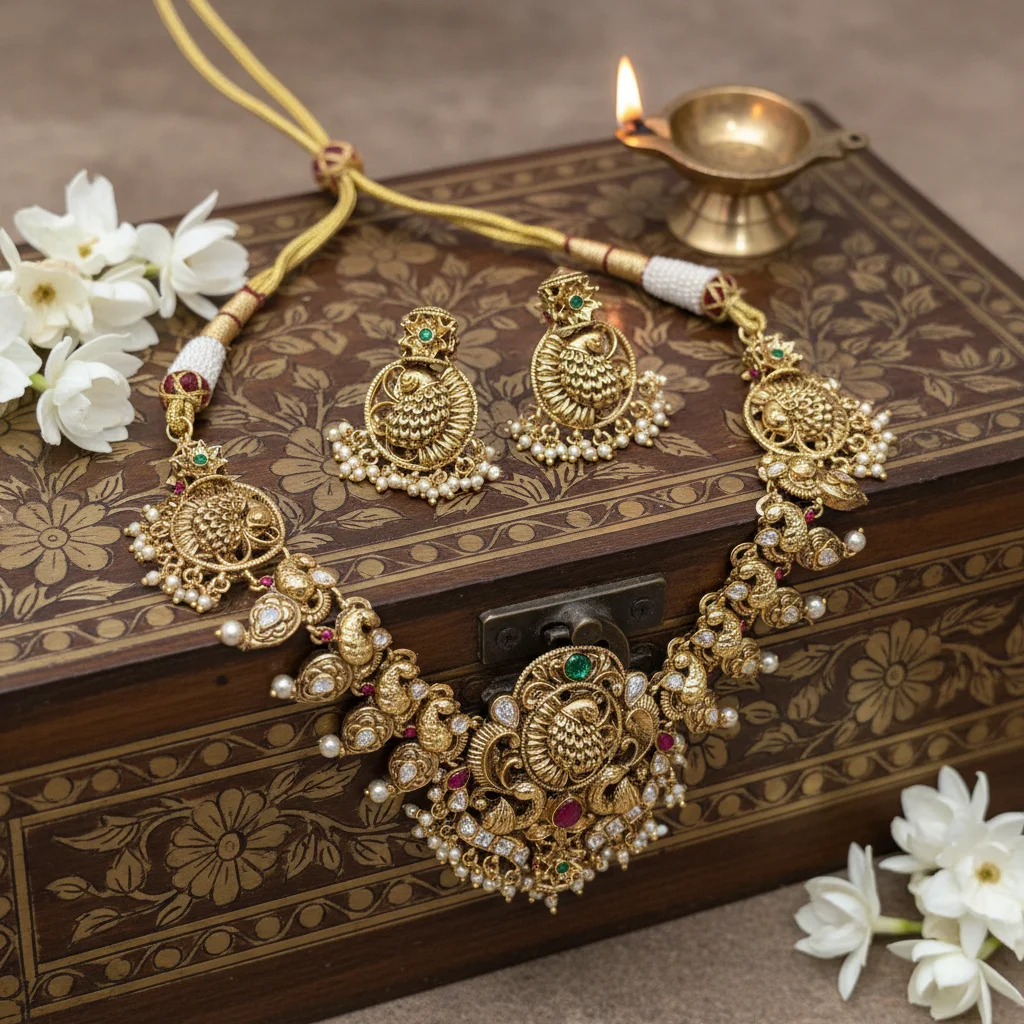 Ethereal Peacock Temple Necklace Set - View 3