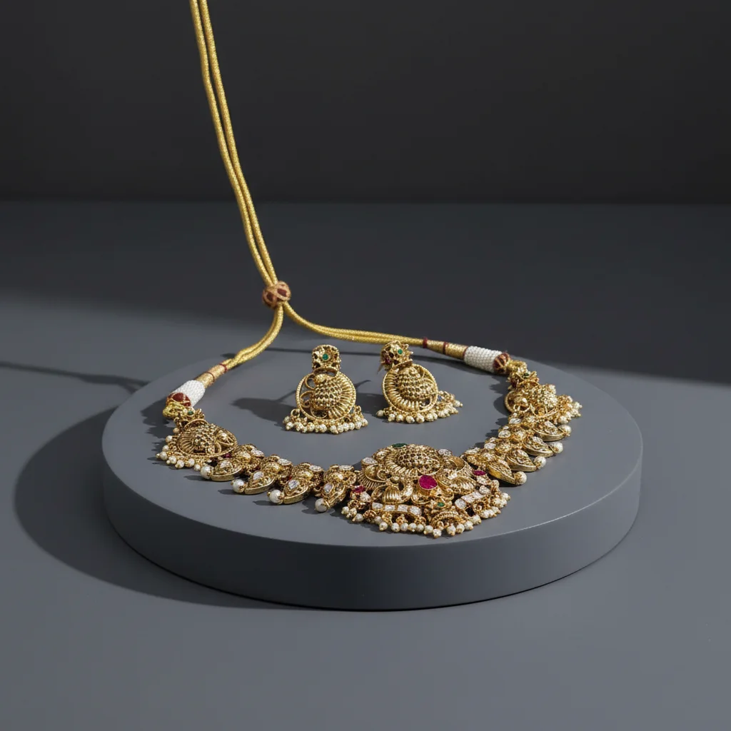 Ethereal Peacock Temple Necklace Set - View 4