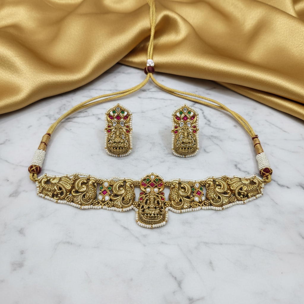 Divine Lakshmi Peacock Temple Choker Set