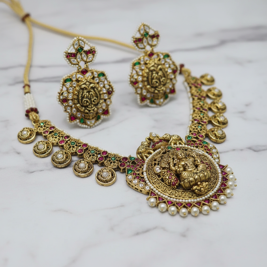 Divine Lakshmi Antique Matte Necklace Set - View 2
