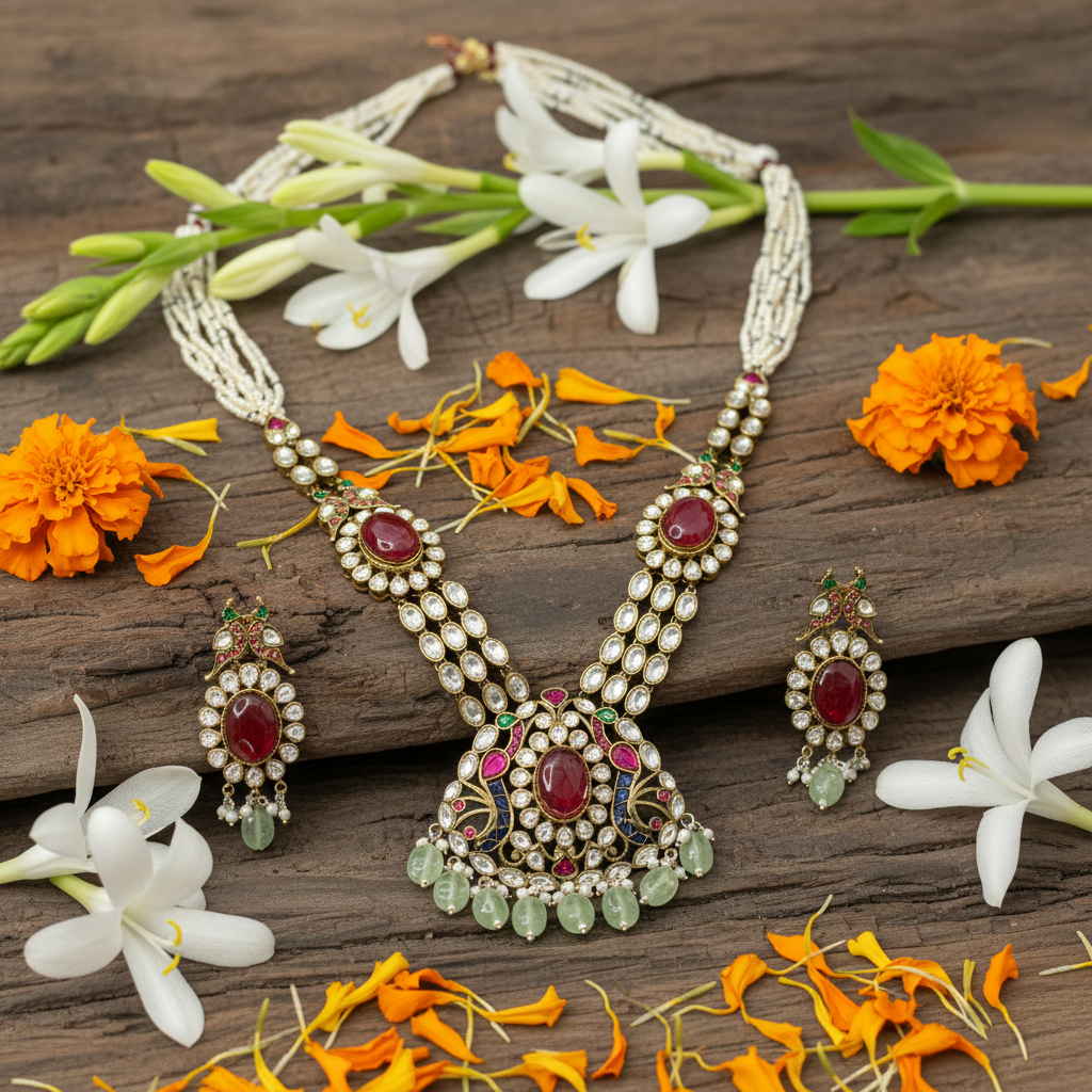 Royal Heritage Ruby & Kundan Multi-Strand Pearl Necklace Set - View 4