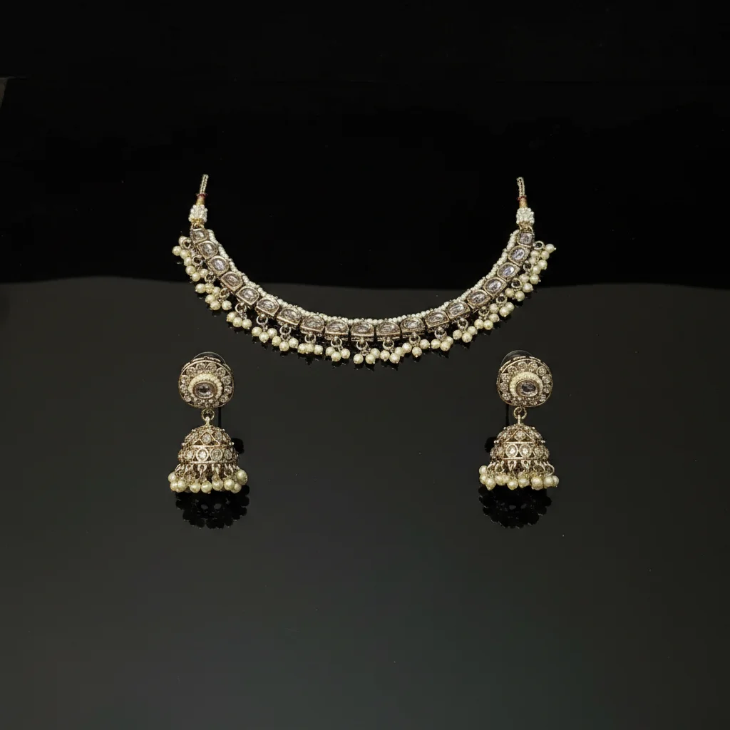 Imperial Kundan Choker Set with Pearl Accents - View 3