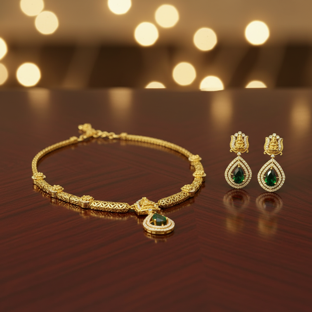 Emerald Radiance Deity Motif Necklace Set - View 2