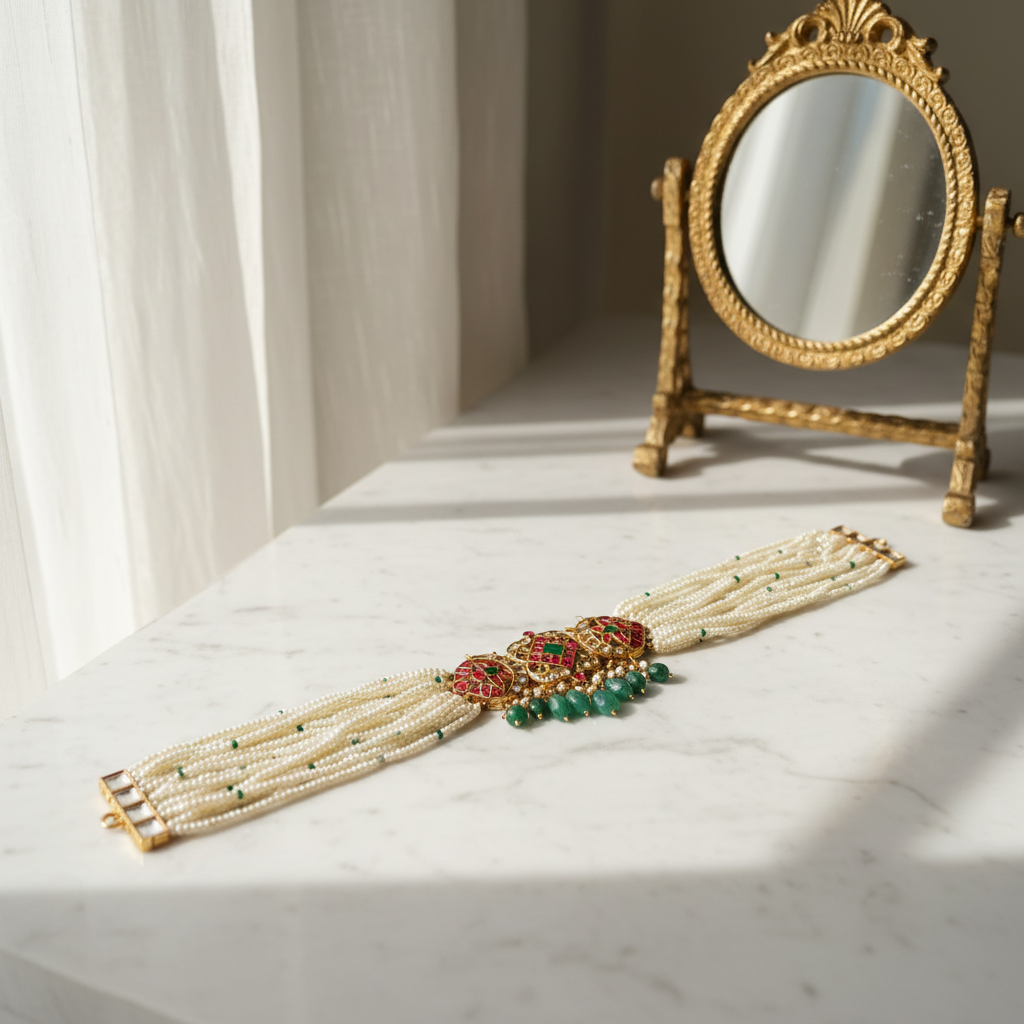 Aadhya Pearl & Emerald Heritage Choker - View 2