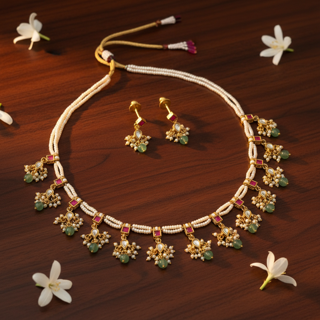 Vrinda Pearl & Emerald Gutta Pusalu Set - View 2