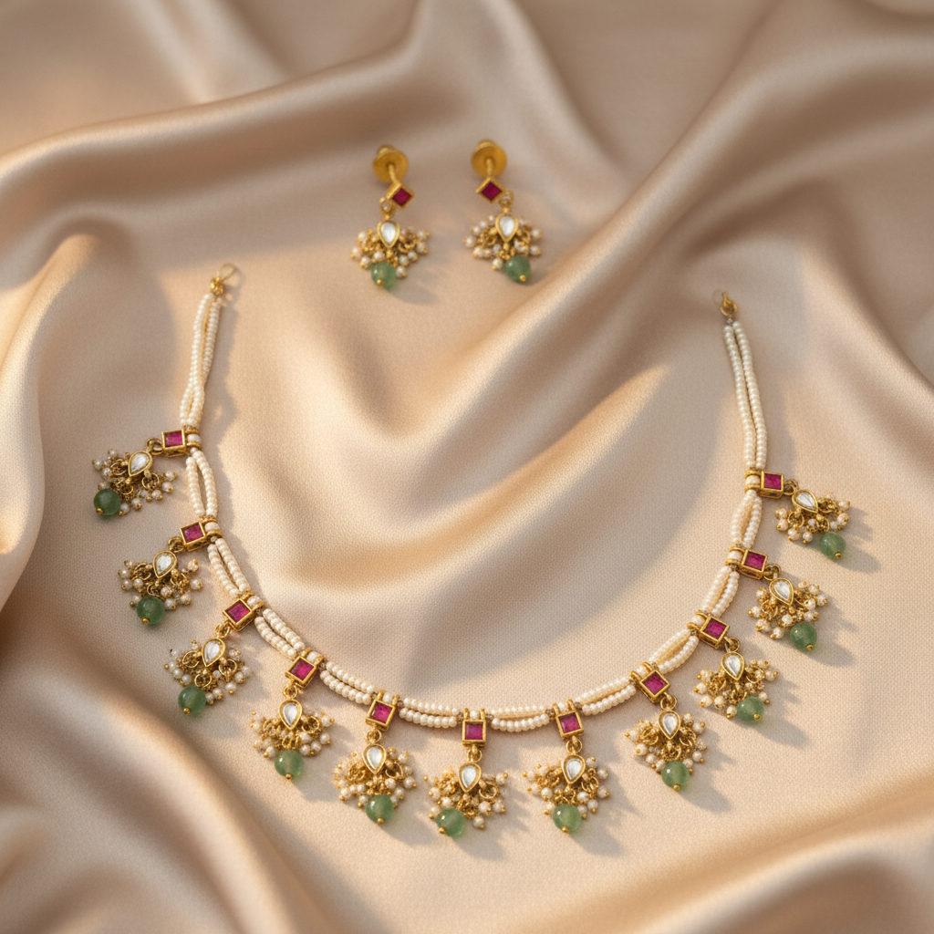 Vrinda Pearl & Emerald Gutta Pusalu Set - View 3