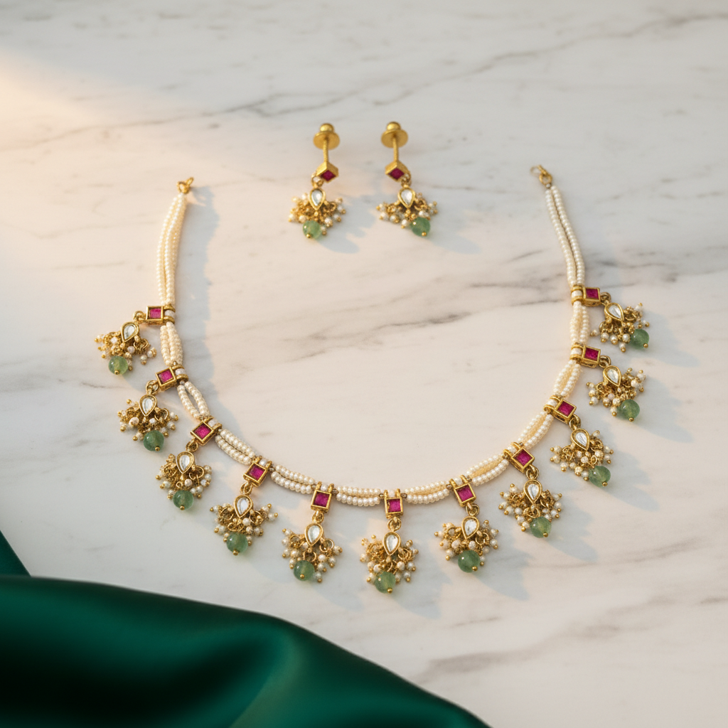 Vrinda Pearl & Emerald Gutta Pusalu Set