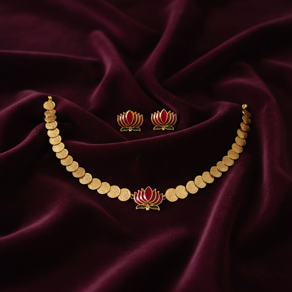 Padma Mudra Enamel Coin Necklace Set - View 2