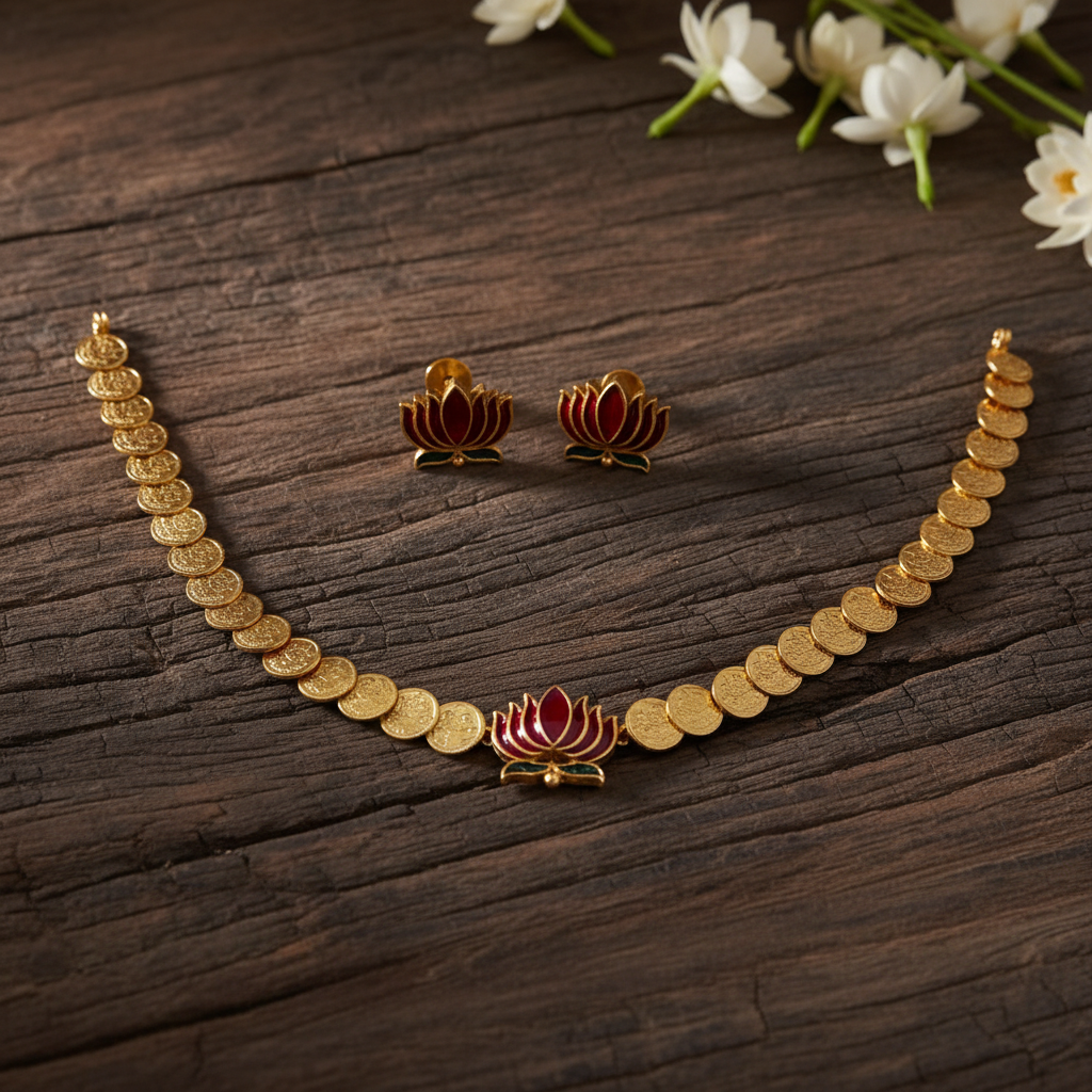 Padma Mudra Enamel Coin Necklace Set - View 3