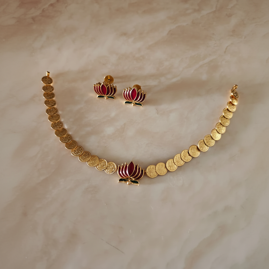 Padma Mudra Enamel Coin Necklace Set