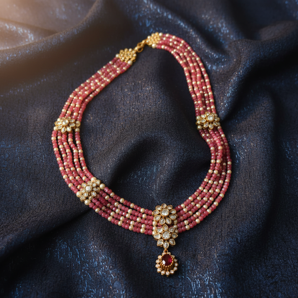 Rosé Radiance Multi-Strand Kundan Necklace - View 2