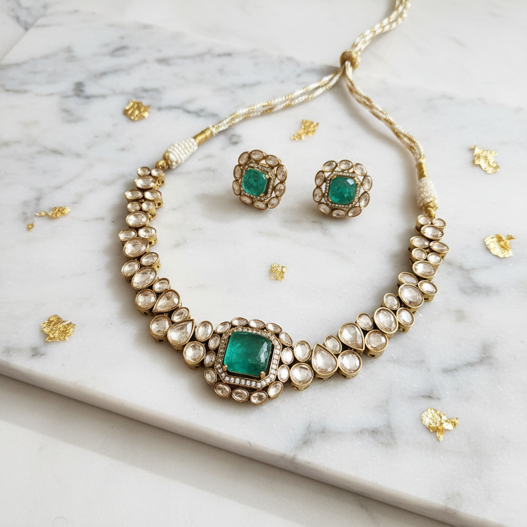 Emerald Empress Polki Choker Set - View 2