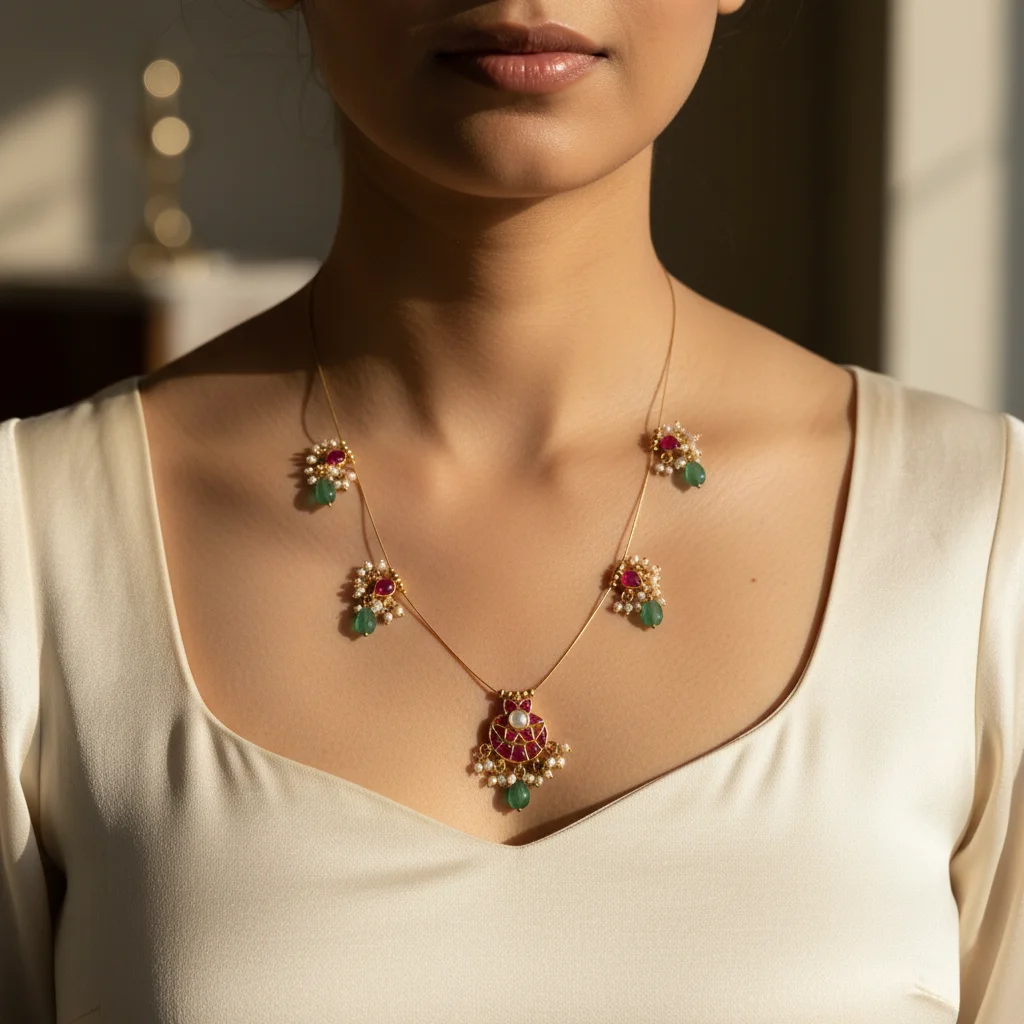 Regal Kundan and Ruby-Pink Statement Necklace - View 3