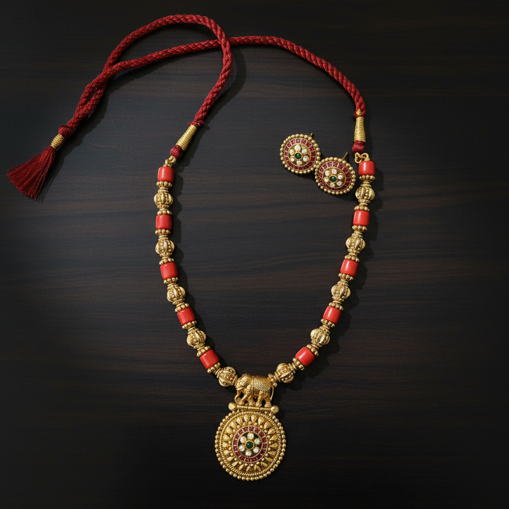 NK-289 Elephant Motif Antique Gold Necklace Set - View 2