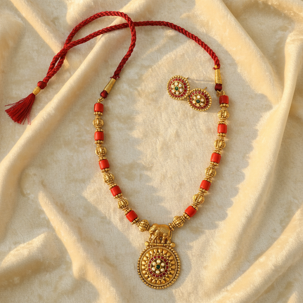 NK-289 Elephant Motif Antique Gold Necklace Set - View 3