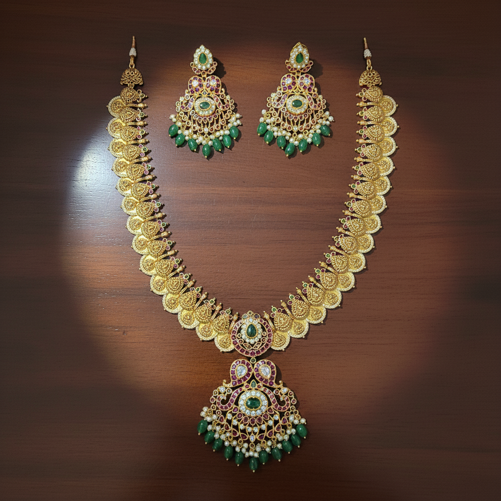 Ornate Traditional Kasu Mala Emerald & Ruby Necklace Set - View 2