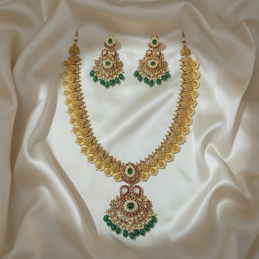 Ornate Traditional Kasu Mala Emerald & Ruby Necklace Set - View 3