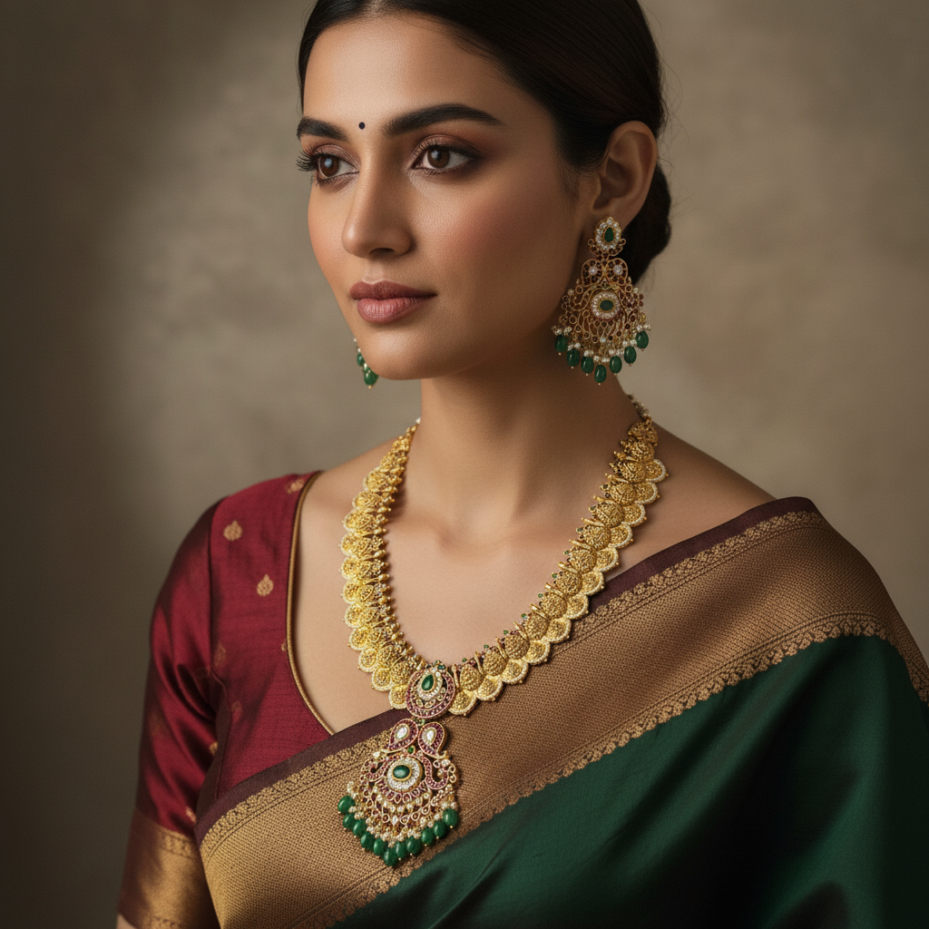 Ornate Traditional Kasu Mala Emerald & Ruby Necklace Set