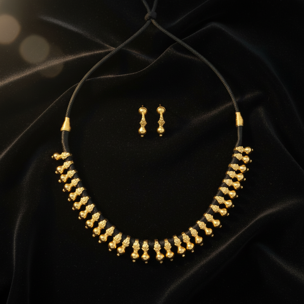 Traditional Black Thread & Gold Bead Necklace Set - View 2