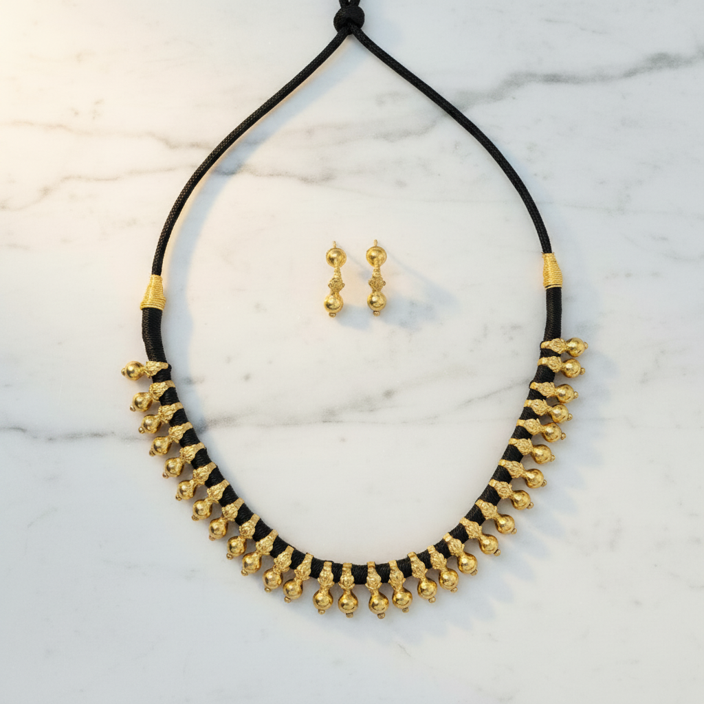 Traditional Black Thread & Gold Bead Necklace Set