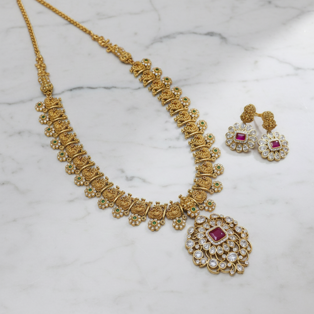 Swan Motif Antique Gold Necklace Set - View 2