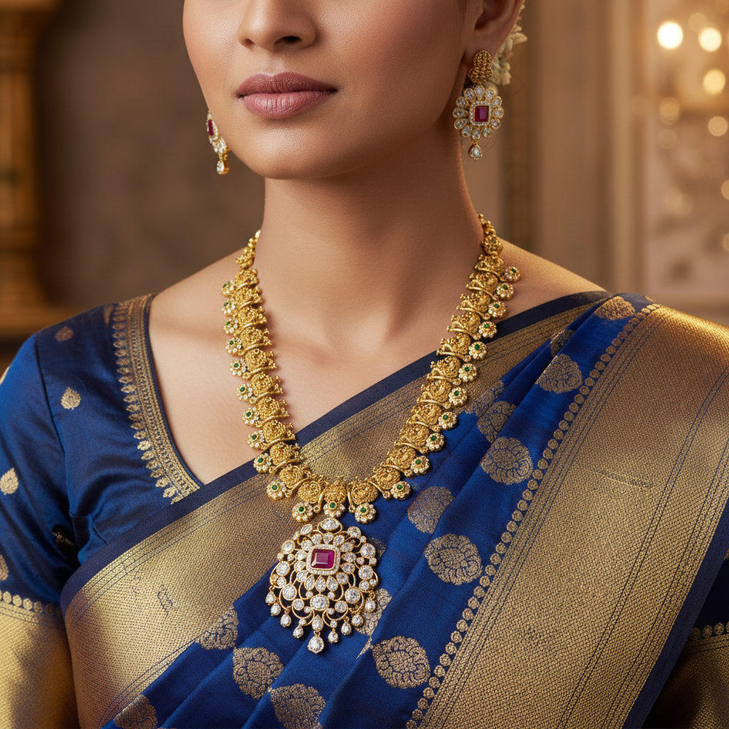 Swan Motif Antique Gold Necklace Set - View 3