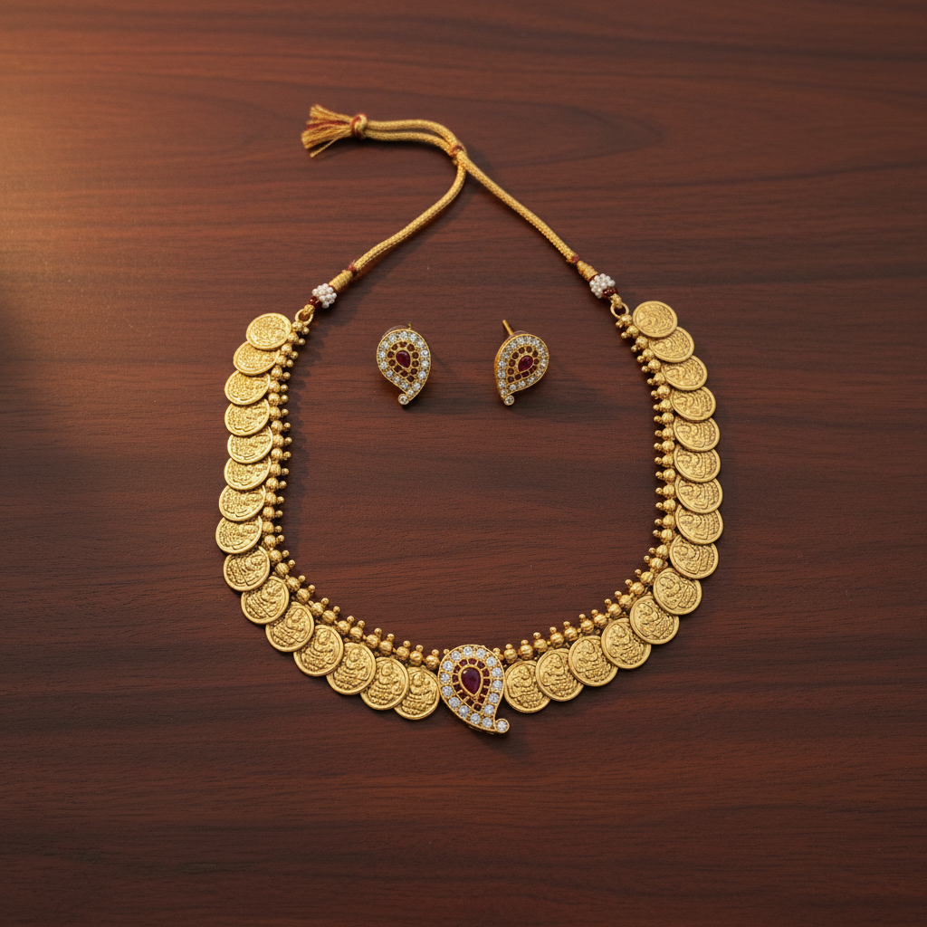 NK-298 Traditional Antique Gold Kasulaperu Necklace Set - View 2