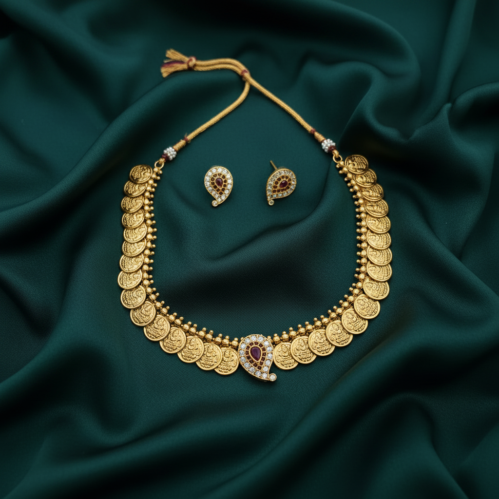 NK-298 Traditional Antique Gold Kasulaperu Necklace Set - View 3