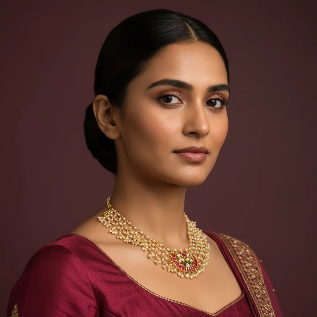 Multi-Strand Pearl Kundan Crescent Choker - View 2
