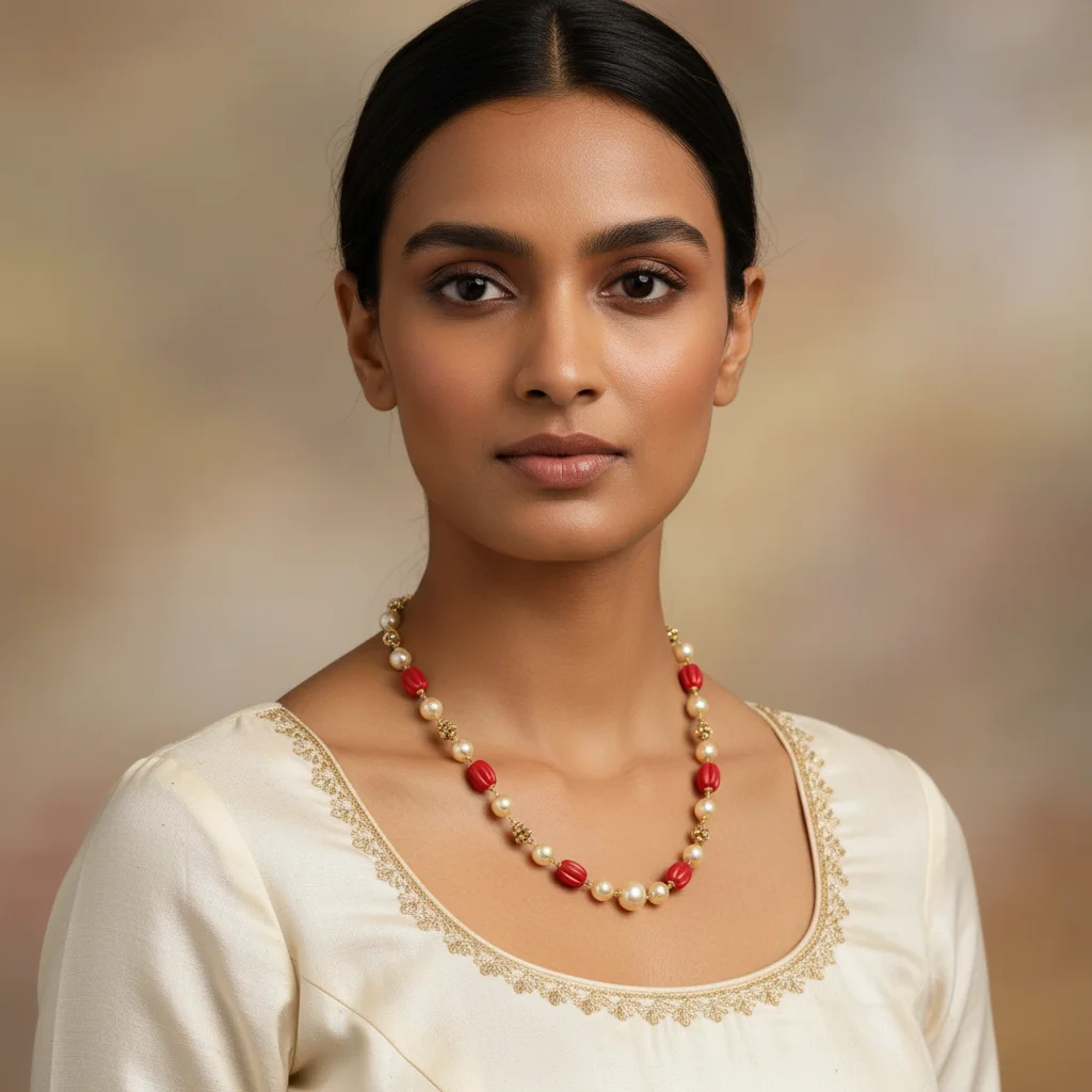 Red Fluted Bead and Pearl Gold-Plated Necklace - View 2