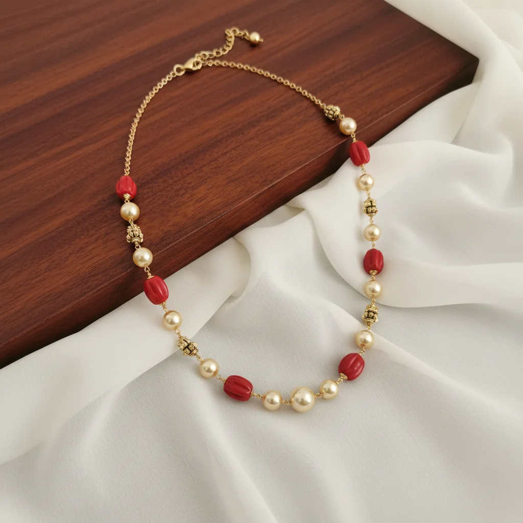 Red Fluted Bead and Pearl Gold-Plated Necklace