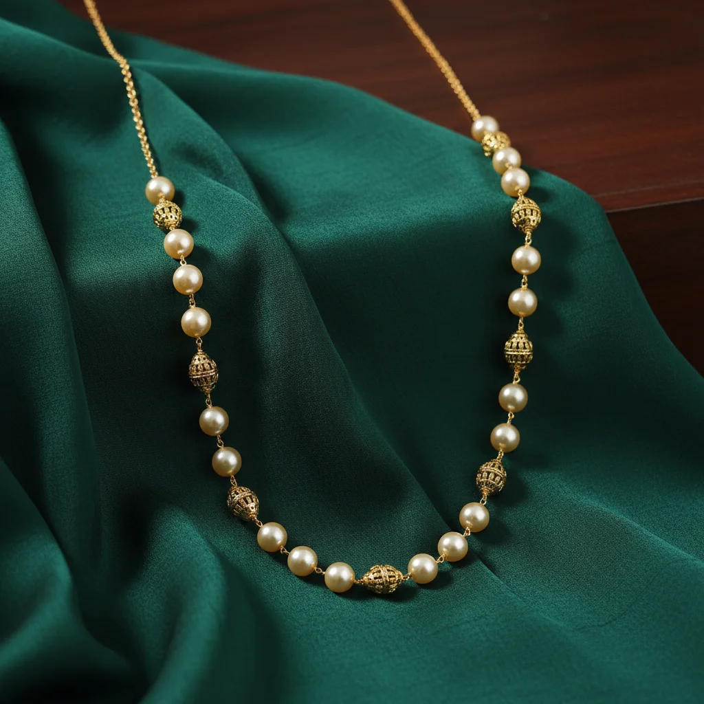 NK-304 Pearl & Gold Filigree Long Mala Necklace