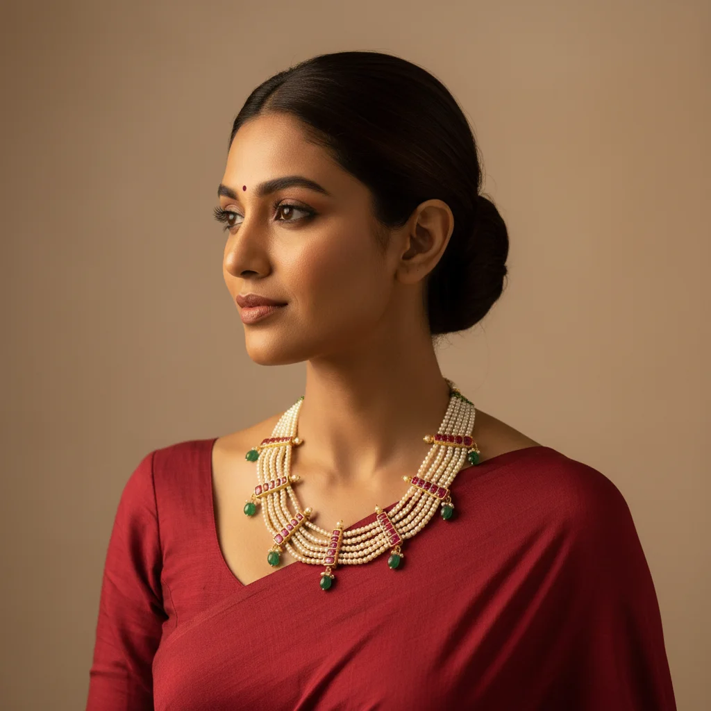 Regal Multi-Strand Pearl Necklace with Ruby & Emerald Accents