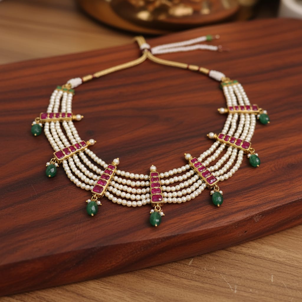Regal Multi-Strand Pearl Necklace with Ruby & Emerald Accents - View 2