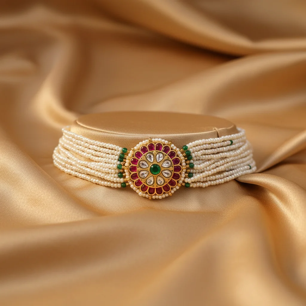NK-306 Multi-Strand Pearl Choker with Ruby and Emerald Pendant