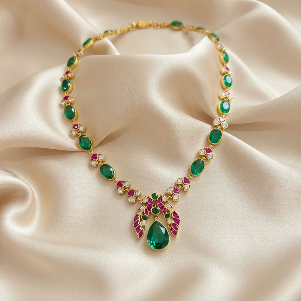 NK-309 Butterfly Motif Emerald and Ruby Teardrop Necklace