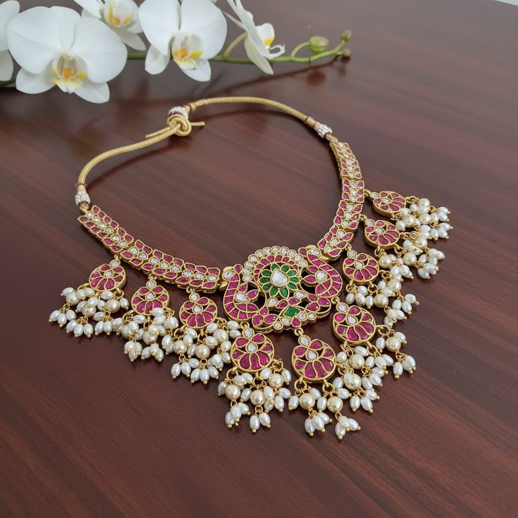 Majestic Traditional Indian Kundan & Pearl Necklace - View 2