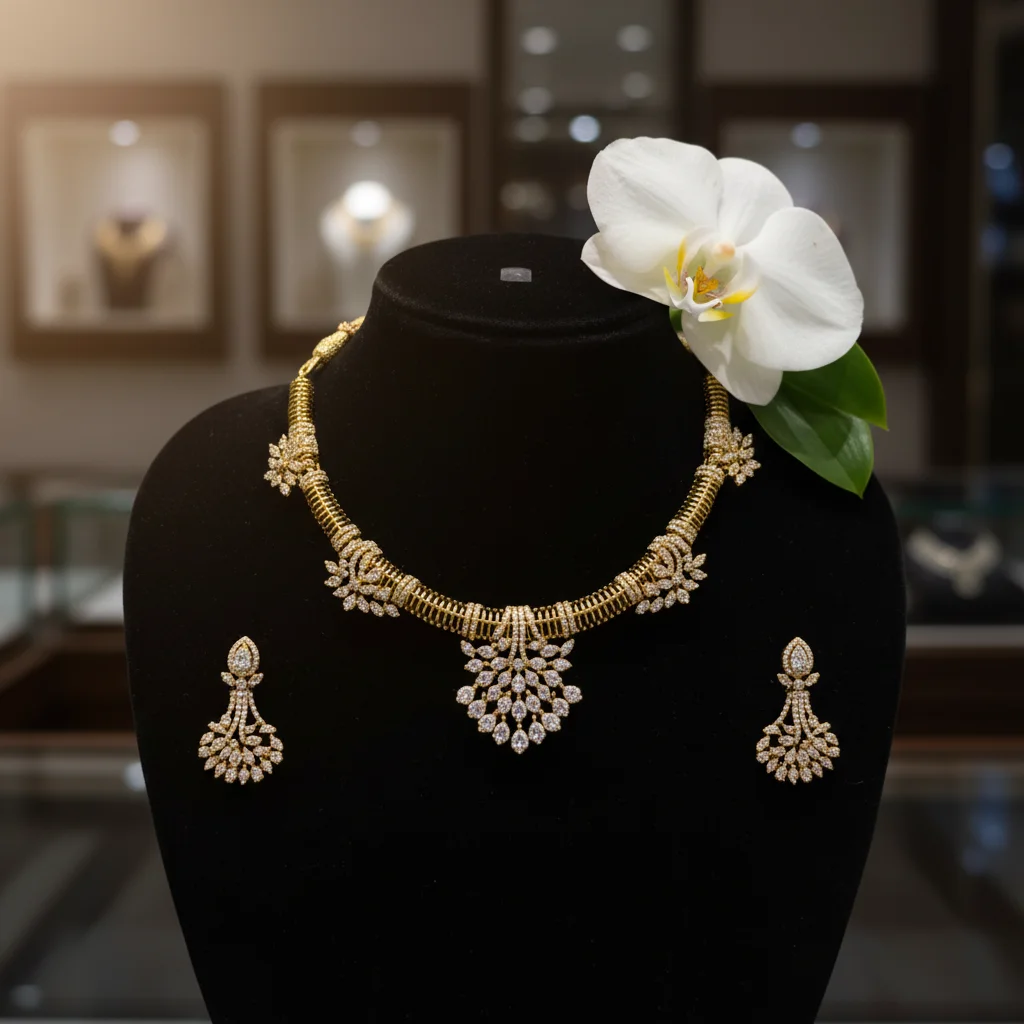 Ribbed Gold & Floral American Diamond Choker Set - View 2