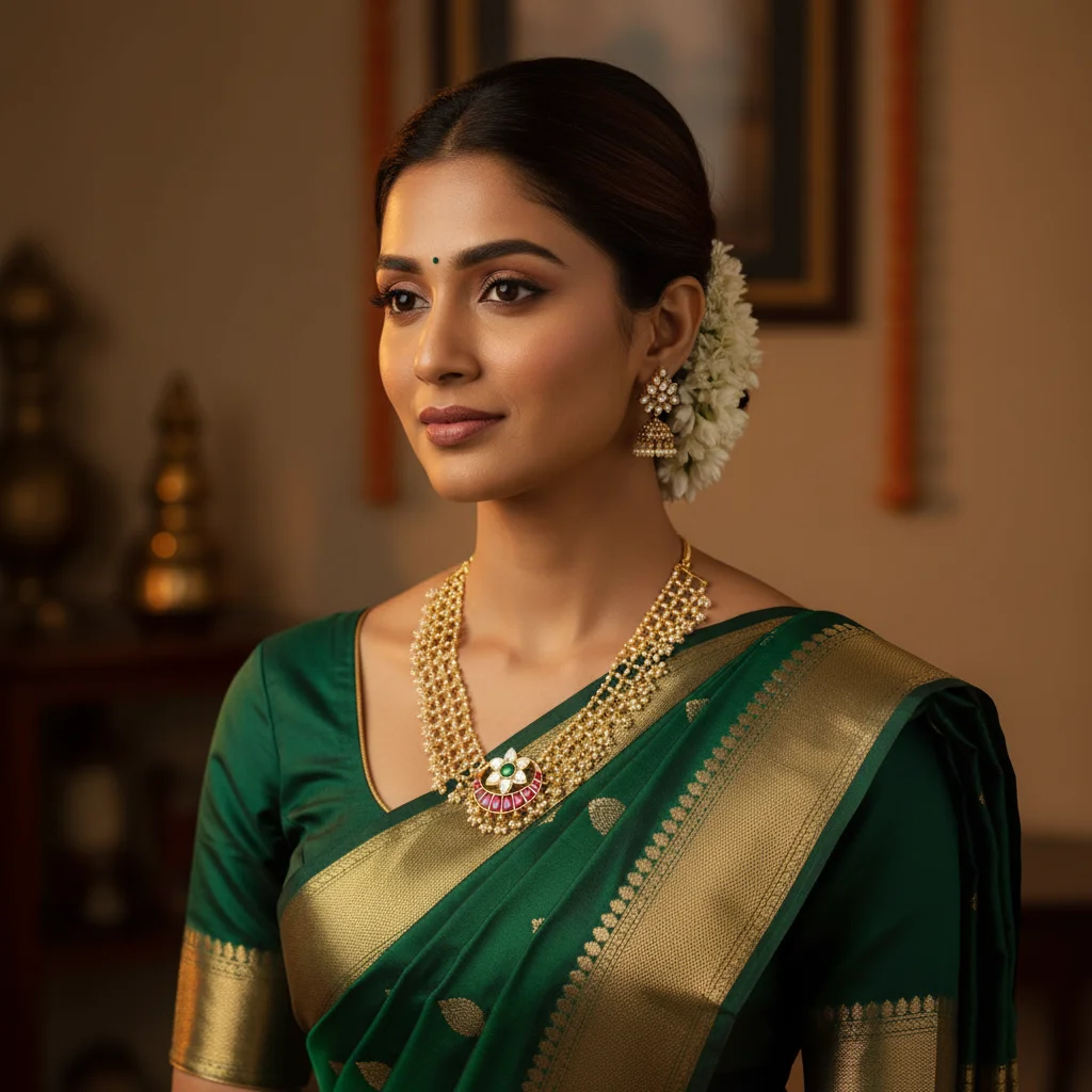 Traditional Pearl Mesh Kundan Crescent Necklace - View 2